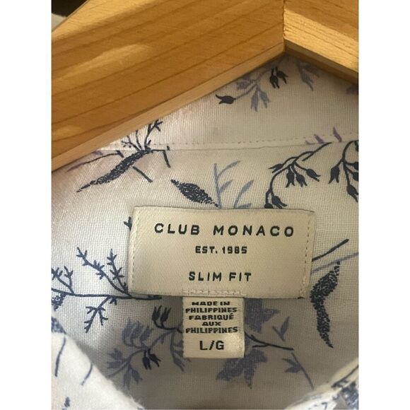 Club Monaco Floral White & Blue 100% Cotton Button Down Shirt Sz L Slim Fit - Picture 3 of 5